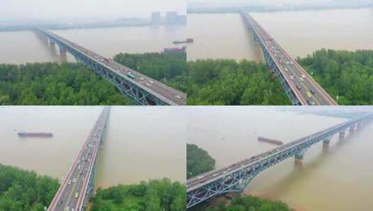 南京长江大桥日间车流轮船铁路航拍高清在线视频素材下载