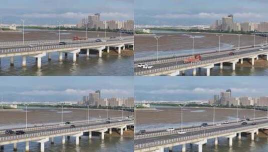 航拍城市交通车流 白沙河大桥 青岛高新区高清在线视频素材下载