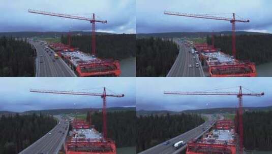 公路桥梁卡车施工中的起重机工人高清在线视频素材下载
