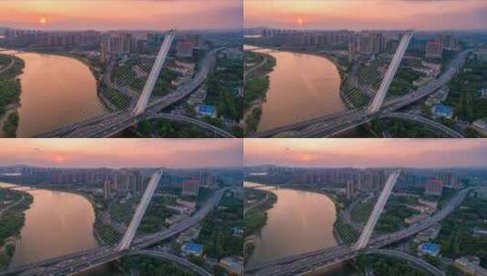 湖南长沙二环线大桥夕阳航拍延时摄影高清在线视频素材下载