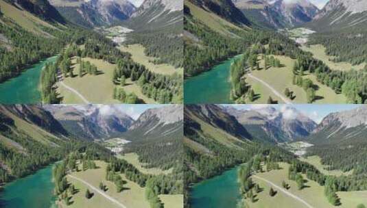 瑞士阿尔卑斯山阿尔卑斯山的阿尔卑斯山帕普奥尼亚湖鸟瞰山谷高清在线视频素材下载