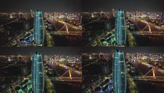 浙江宁波财富中心夜景灯光航拍高清在线视频素材下载