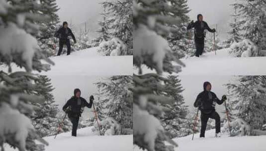 白雪覆盖的森林中的男子滑雪旅行高清在线视频素材下载
