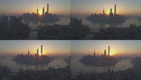 航拍上海外滩东方明珠日出日落景观高清在线视频素材下载