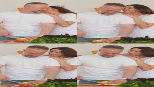 一个女人在男人切菜时对他耳语高清在线视频素材下载