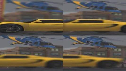 黄色跑车和直升机在城市3D动画垂直高清在线视频素材下载