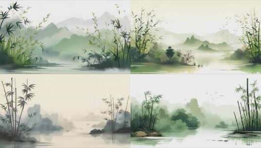 竹子和国风山水动画背景高清在线视频素材下载