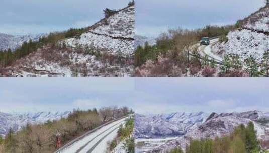 4k航拍车辆行驶在雪后的山林中高清在线视频素材下载