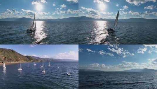 抚仙湖，海边，帆船航拍多个视频合集高清在线视频素材下载