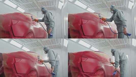 一个穿着防护服和口罩的汽车画家正在喷漆高清在线视频素材下载