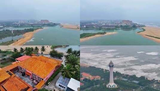 航拍海南琼海博鳌镇妈祖庙灯塔玉带滩高清在线视频素材下载