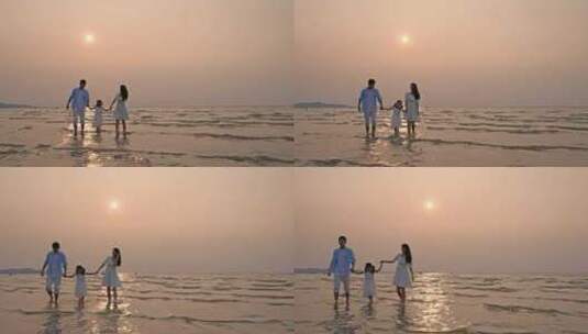 一家人海边看日落 一家人海边散步 海边奔跑高清在线视频素材下载