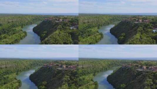 拉罗马纳悬崖上的阿尔托斯·德·查冯村俯瞰河流；空中推进高清在线视频素材下载