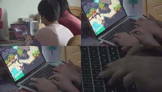 4K两个女孩在笔记本上玩双人游戏高清在线视频素材下载
