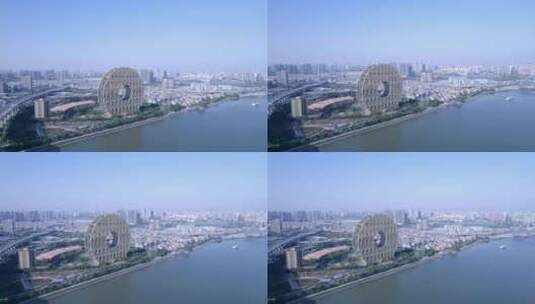 广州圆大厦城市建筑与珠江东沙桥航拍景观高清在线视频素材下载