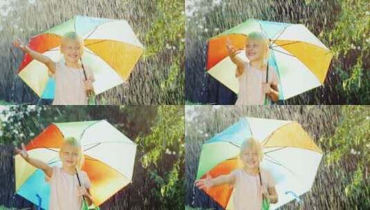 女孩打着雨伞感受春雨高清在线视频素材下载