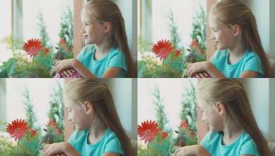 女孩坐在窗台上向外看高清在线视频素材下载
