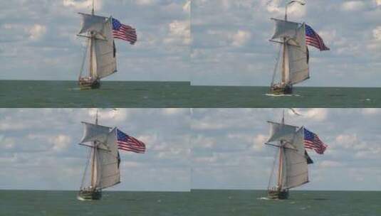 挂着美国国旗快艇在海洋上航行高清在线视频素材下载