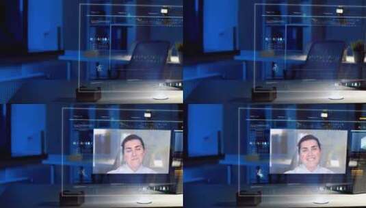 夜间办公室的虚拟屏幕视频会议高清在线视频素材下载