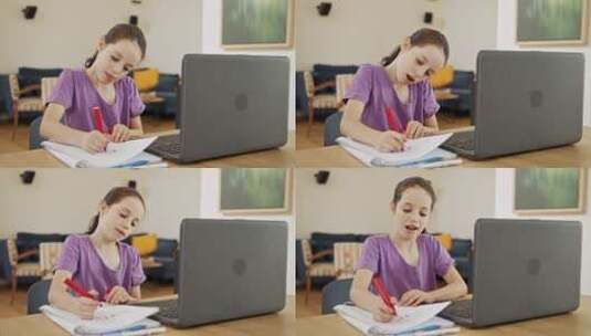 在线上学习画画的可爱女孩高清在线视频素材下载