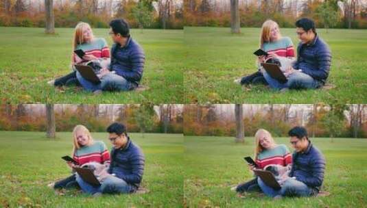 情侣在草坪上聊天高清在线视频素材下载