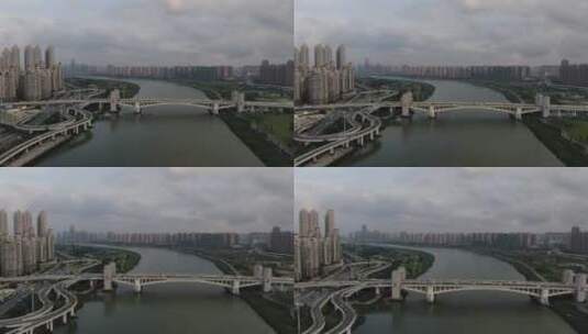 航拍城市风光交通河流桥梁高清在线视频素材下载