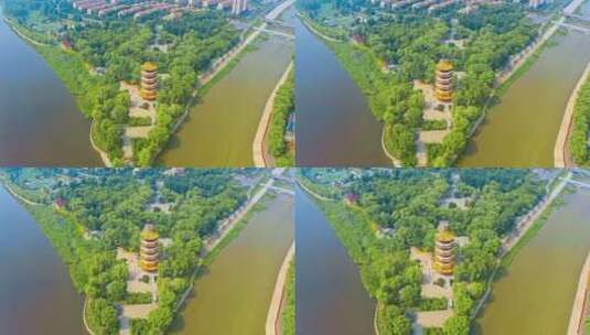 中国吉林省梅河口腾龙阁地标夏春季建筑航拍高清在线视频素材下载