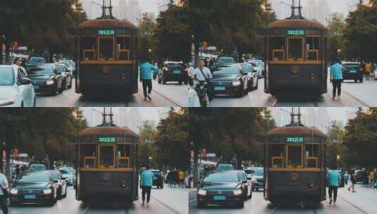 大连复古电车行驶城市风景高清在线视频素材下载