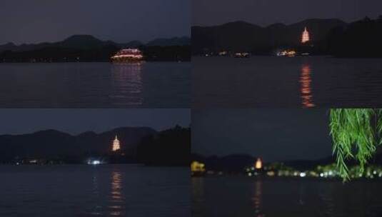 杭州西湖雷峰塔夜景水面倒影4K视频素材高清在线视频素材下载