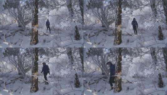 背包客从峨眉山大雪覆盖的树林中走出来高清在线视频素材下载