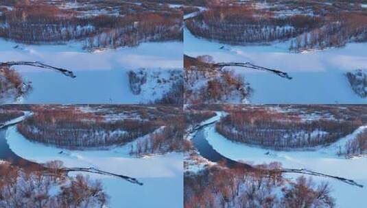 航拍4K冬季冰河树林高清在线视频素材下载