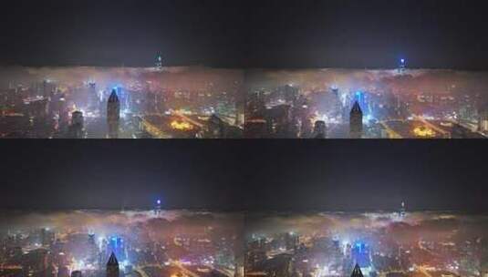 上海航拍夜景航拍中国上海平流雾陆家嘴外滩高清在线视频素材下载