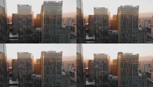 航拍加州洛杉矶市中心日出阳光照射摩天大楼高清在线视频素材下载