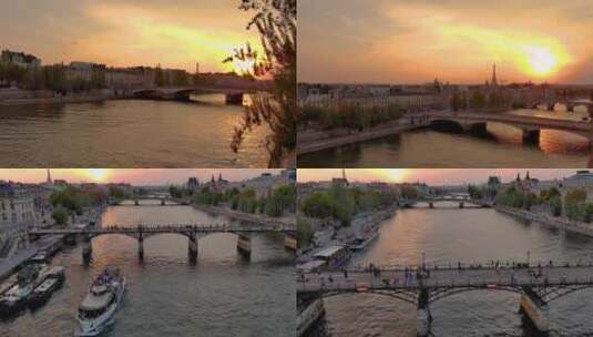 城市航拍法国巴黎塞纳河埃菲尔铁塔日出日落高清在线视频素材下载