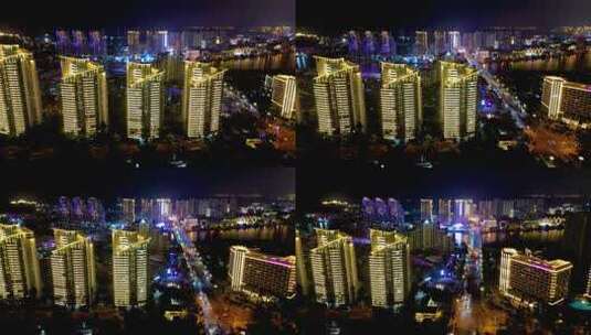 海南三亚国际游艇中心城市夜景航拍高清在线视频素材下载