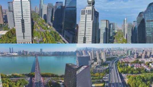 杭州秋石高架路航拍上城区高楼大厦车流交通高清在线视频素材下载
