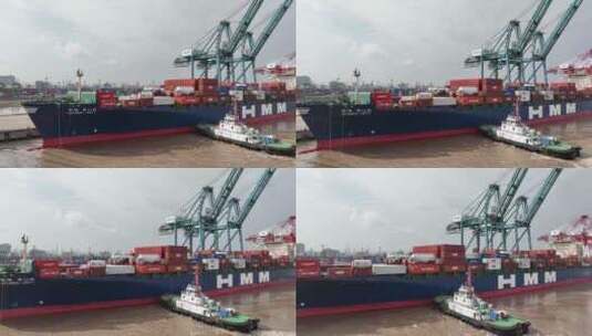 港口航拍 货轮HMM 作业高清在线视频素材下载