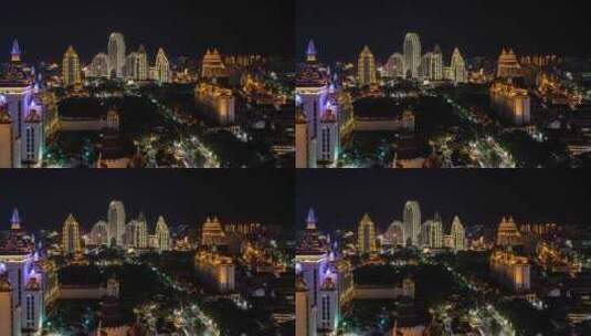 云南西双版纳傣族星光夜市建筑群高空延时高清在线视频素材下载