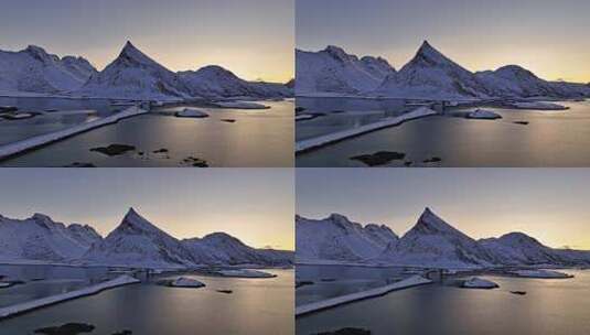 挪威罗弗敦群岛北极圈雷纳冬季雪景高空航拍高清在线视频素材下载