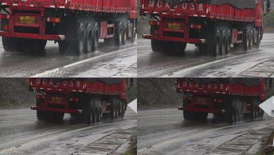 雨天货车卡车道路运输车辆轮胎特写升格高清在线视频素材下载