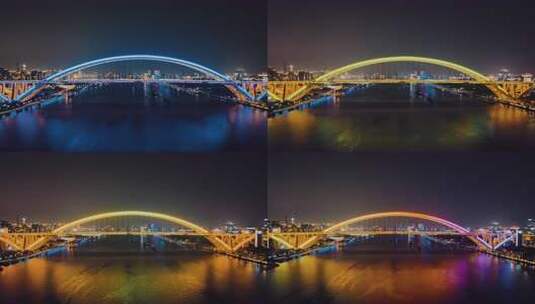 上海卢浦大桥夜景后拉镜头航拍高清在线视频素材下载