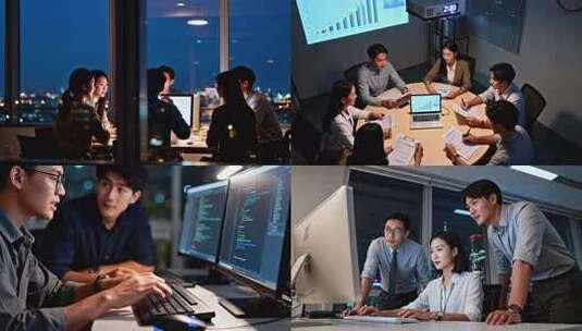 深夜加班讨论写字楼办公室加班人群白领高清在线视频素材下载