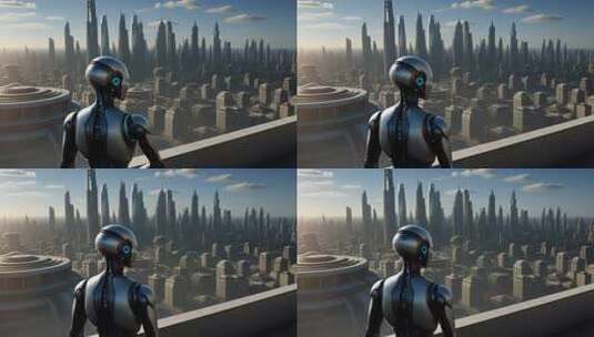 机器人眺望未来城市景观高清在线视频素材下载