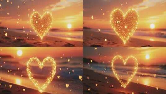 海边夕阳下爱心粒子特效高清在线视频素材下载