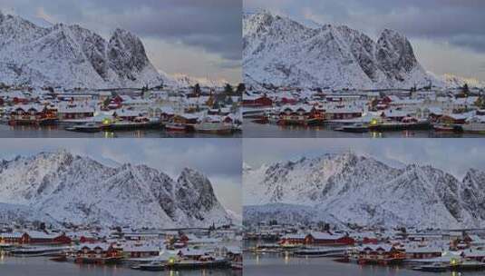 挪威罗弗敦群岛北极圈雷纳冬季雪景高空航拍高清在线视频素材下载