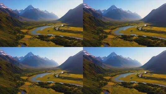 高山下河流蜿蜒的自然风光全景高清在线视频素材下载