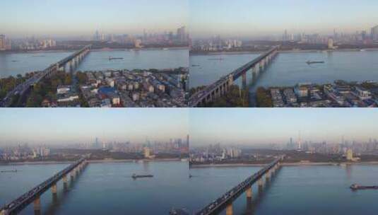 航拍湖北武汉晨曦中的长江江景高清在线视频素材下载