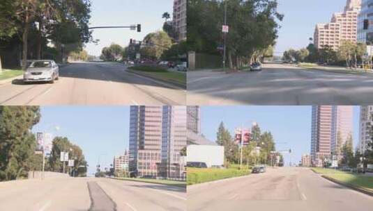 一辆汽车沿着洛杉矶世纪城的一条街行驶高清在线视频素材下载