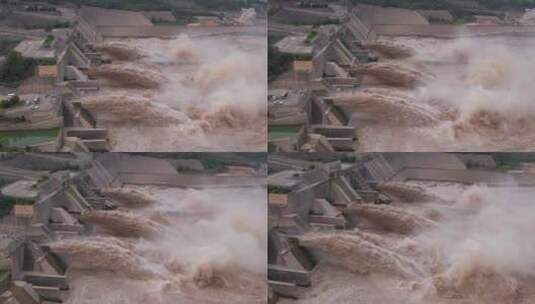 黄河水利工程小浪底大坝泄洪洪水航拍4k高清在线视频素材下载