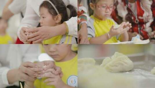 小学生儿童孩子包饺子学校组织家长亲子活动高清在线视频素材下载